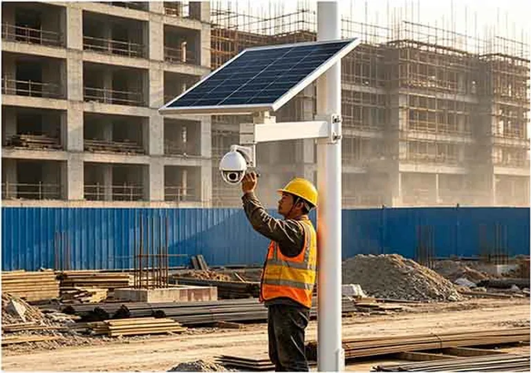 Installazione di videosorveglianza solare in un cantiere